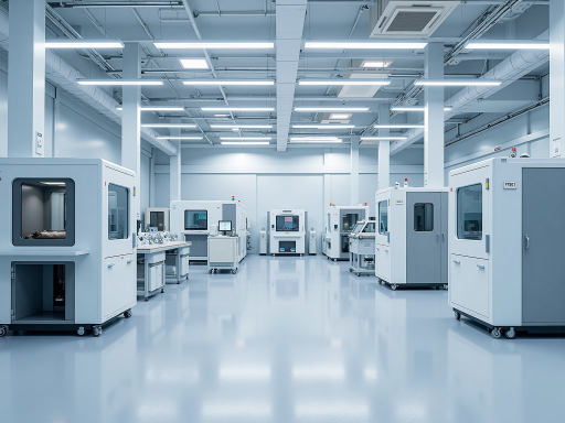 现代化半导体工厂内部，整齐排列的生产设备，技术人员正在操作精密仪器，体现高科技制造环境